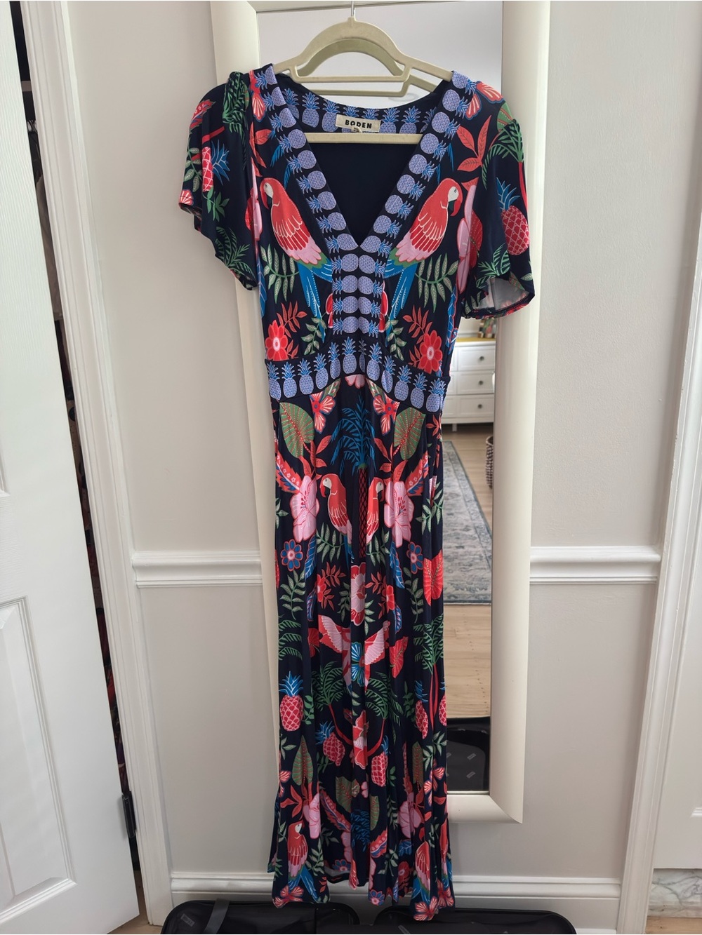 Boden Navy Maxi Dress with Pink & Red Tropical Parrot Print